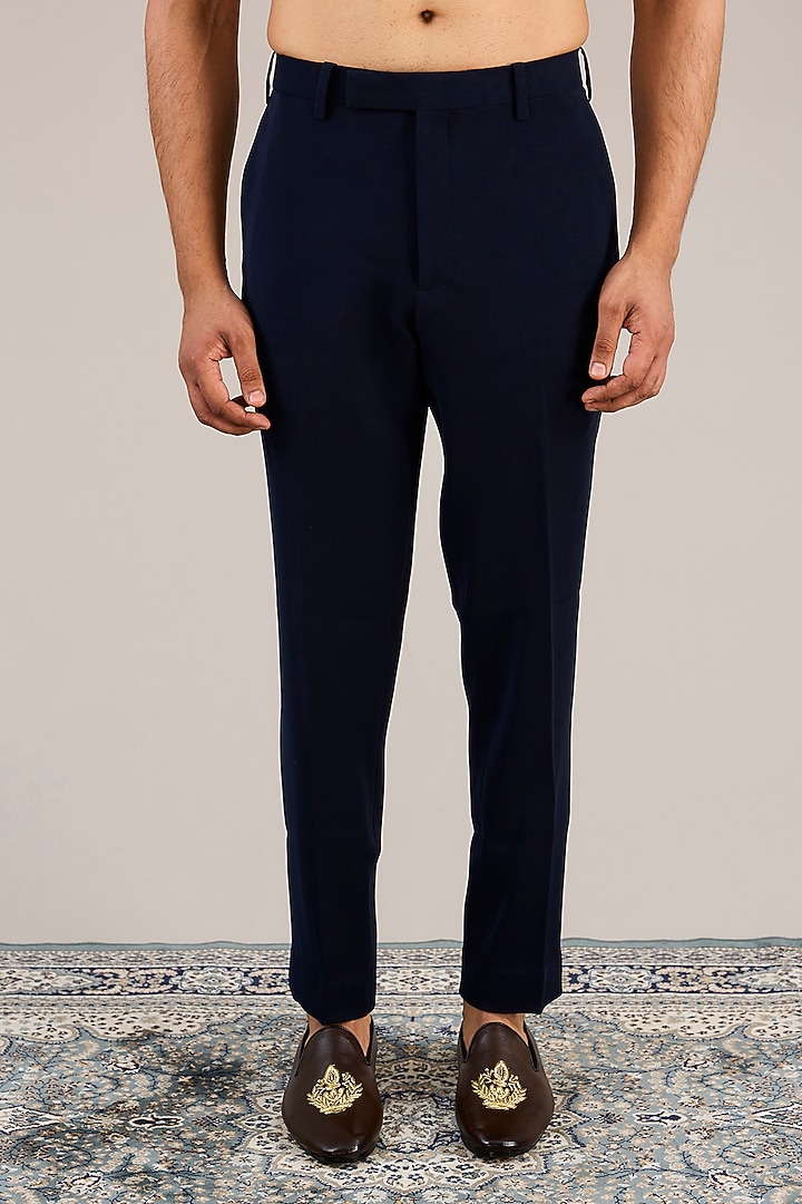 Navy Blue Silk Embroidered Groom Indowestern Set by Sarab Khanijou at Pernia's Pop Up Shop