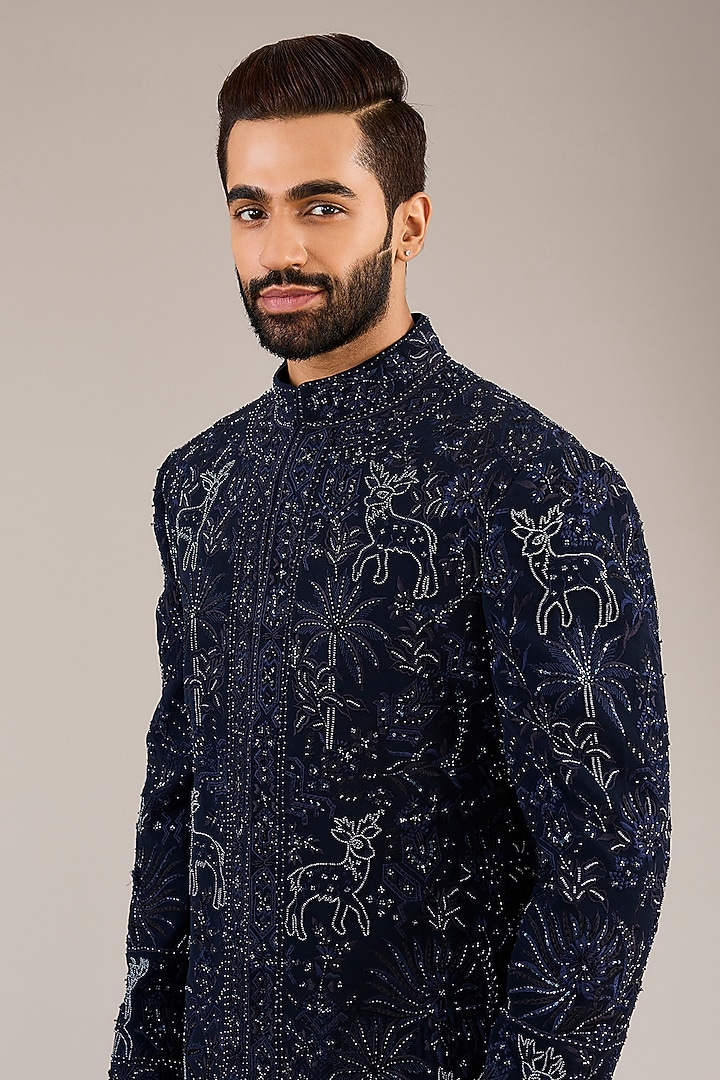 Navy Blue Silk Embroidered Groom Indowestern Set by Sarab Khanijou at Pernia's Pop Up Shop