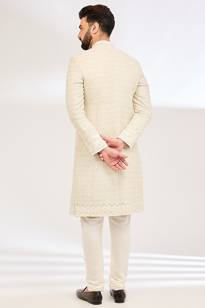 Ivory Raw Silk Jaal Embroidered Groom Sherwani Set by Sarab Khanijou at Pernia's Pop Up Shop