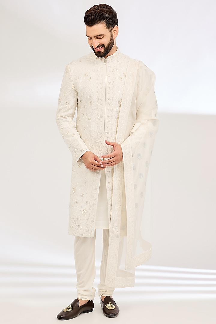 Ivory Silk Embroidered Groom Sherwani Set by Sarab Khanijou at Pernia's Pop Up Shop