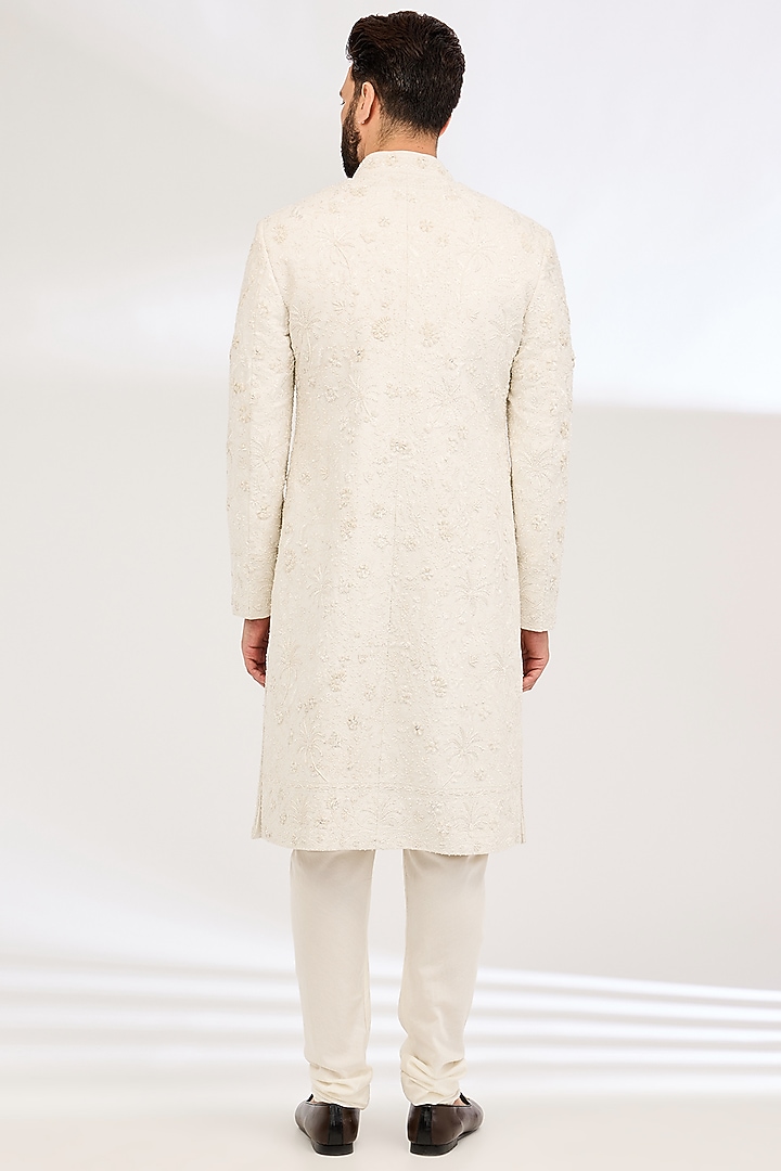 Ivory Silk Embroidered Groom Sherwani Set by Sarab Khanijou at Pernia's Pop Up Shop