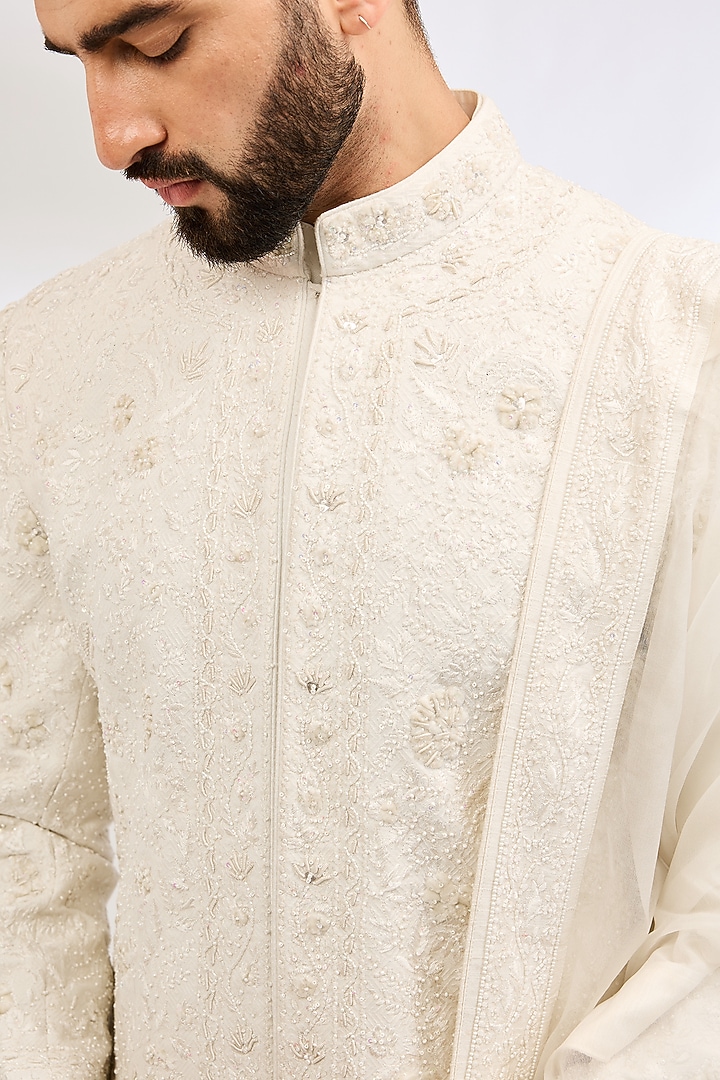 Ivory Silk Embroidered Groom Sherwani Set by Sarab Khanijou at Pernia's Pop Up Shop