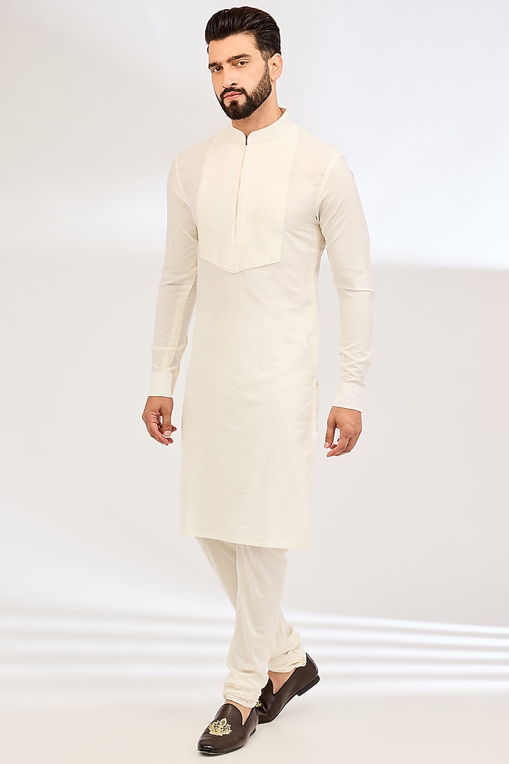 Ivory Raw Silk Thread Embroidered Groom Sherwani Set by Sarab Khanijou at Pernia's Pop Up Shop
