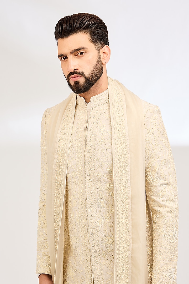 Ivory Raw Silk Thread Embroidered Groom Sherwani Set by Sarab Khanijou at Pernia's Pop Up Shop