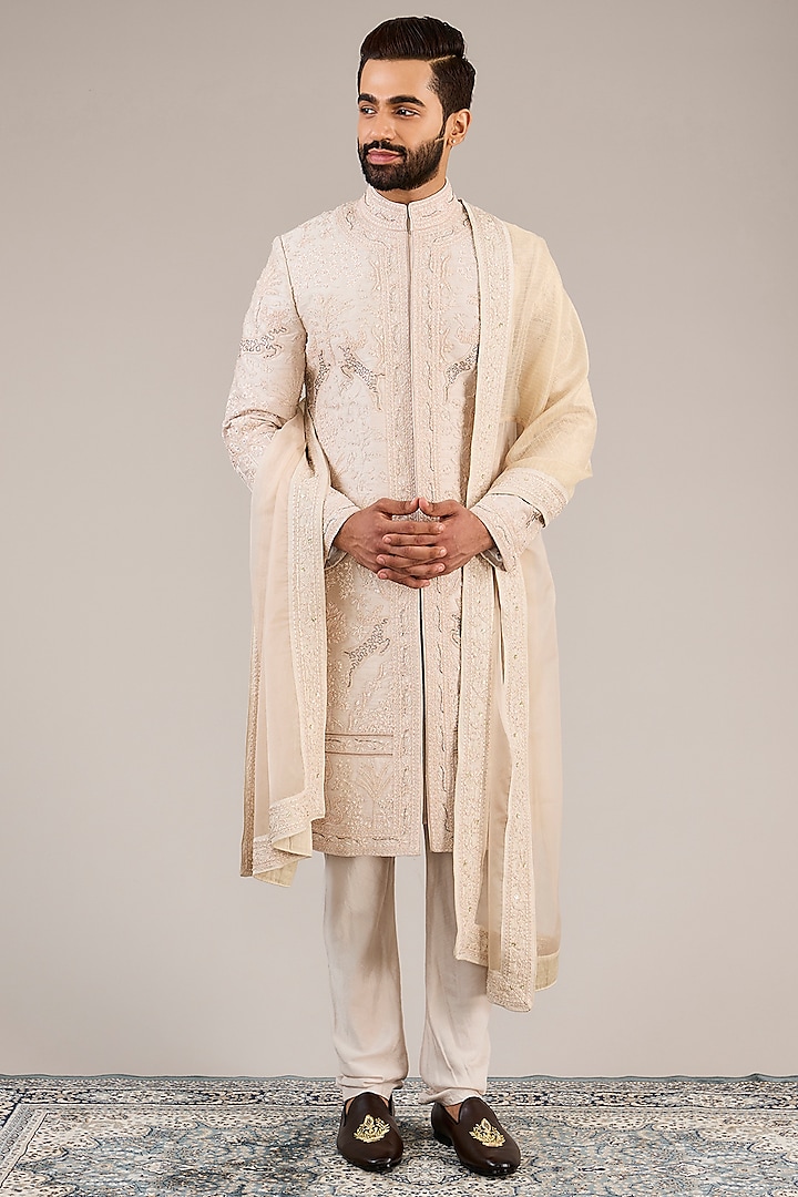 Onion Pink Raw Silk Zari Embroidered Sherwani Set by Sarab Khanijou