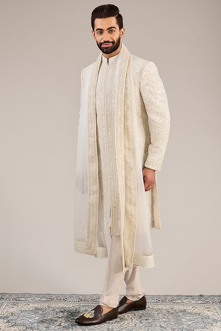 Ivory Raw Silk Zari Embroidered Sherwani Set by Sarab Khanijou