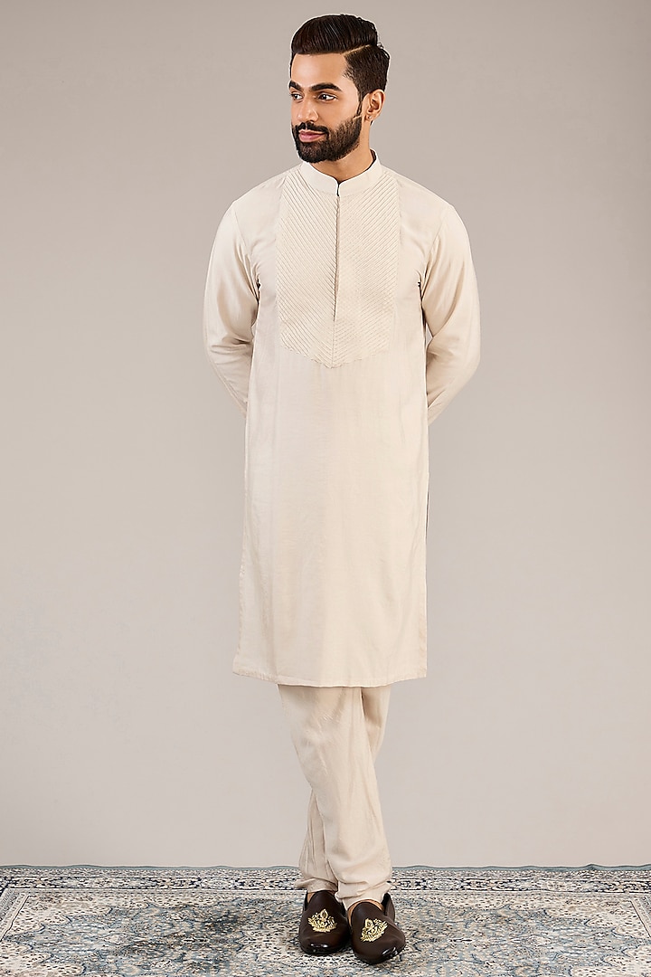 Ivory Raw Silk Zari Embroidered Groom Sherwani Set by Sarab Khanijou at Pernia's Pop Up Shop