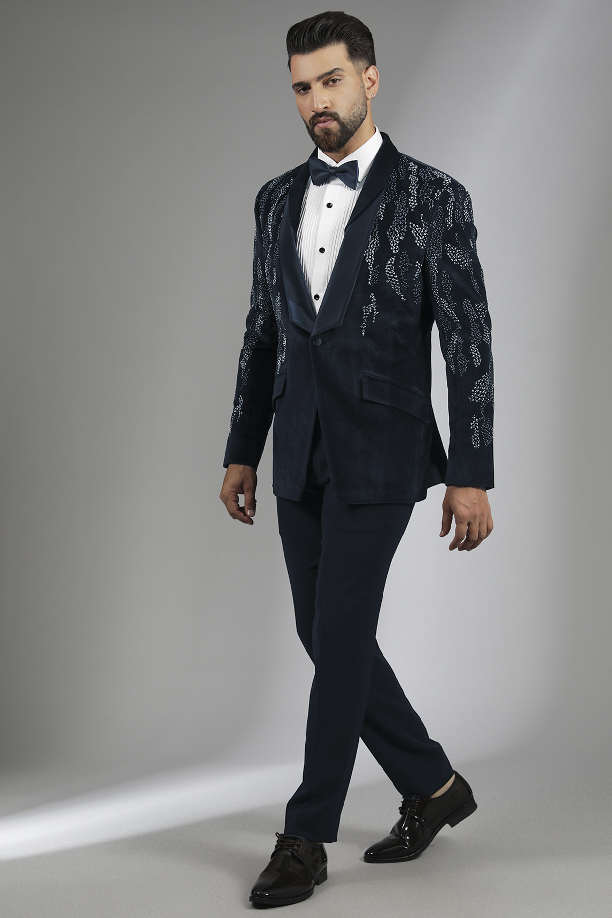Navy Blue Velvet & Sandwash Tuxedo Set by Sarab Khanijou