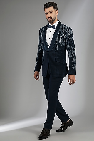 Navy Blue Velvet & Sandwash Tuxedo Set by Sarab Khanijou
