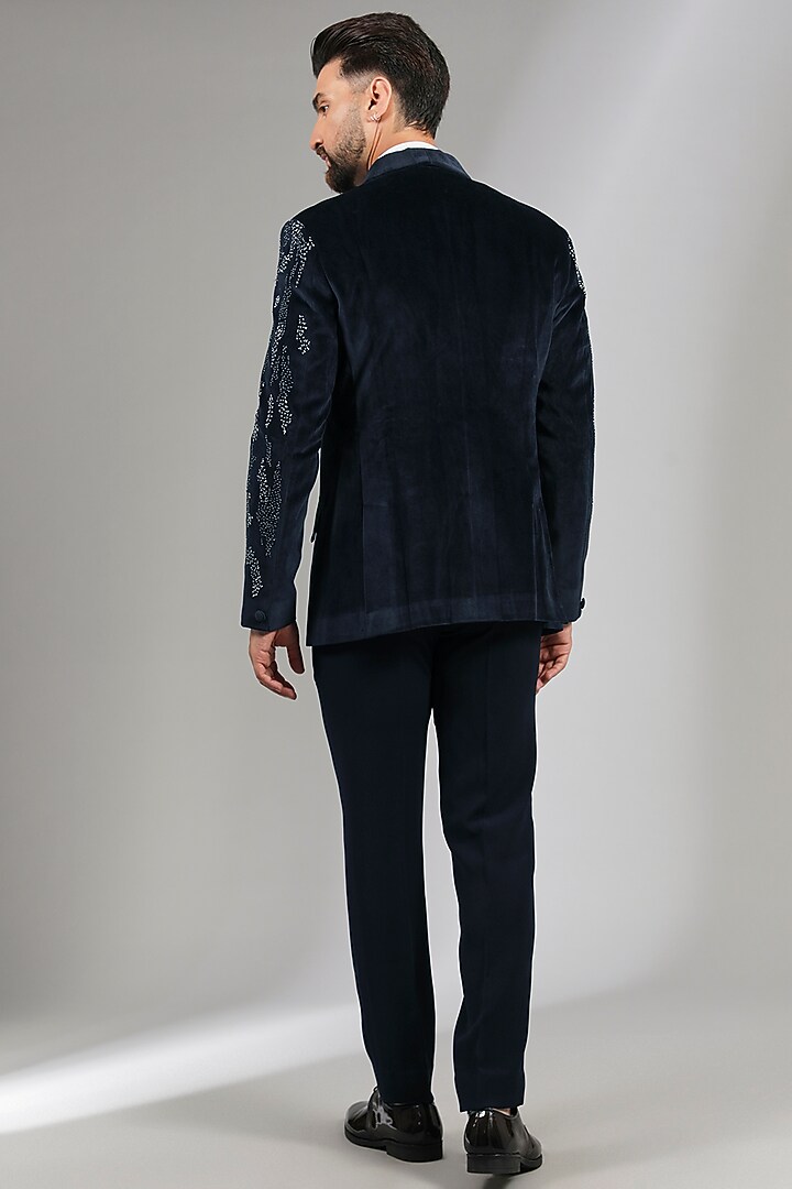 Navy Blue Velvet & Sandwash Tuxedo Set by Sarab Khanijou at Pernia's Pop Up Shop