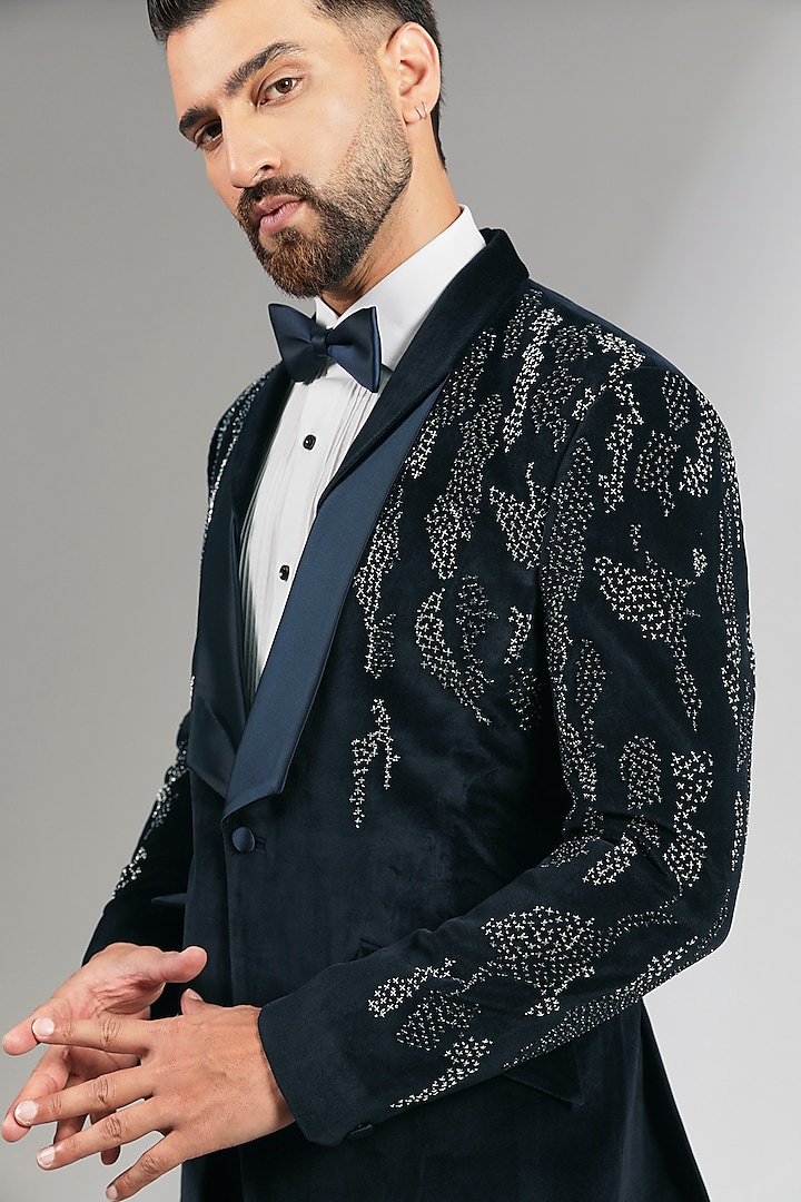 Navy Blue Velvet & Sandwash Tuxedo Set by Sarab Khanijou at Pernia's Pop Up Shop