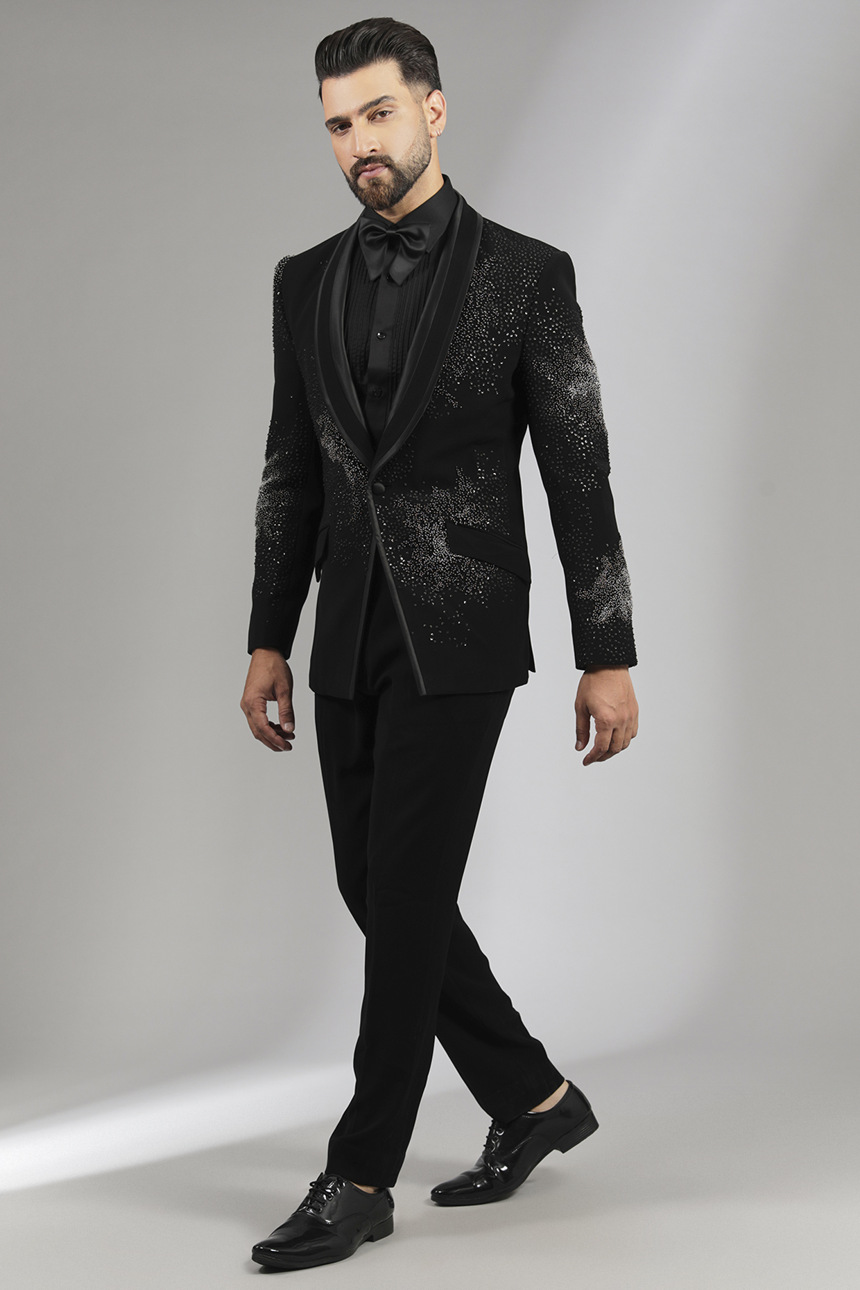 Black Velvet & Sandwash Tuxedo Set by Sarab Khanijou