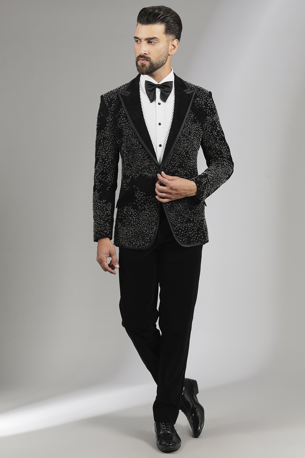 Black Velvet & Sandwash Tuxedo Set by Sarab Khanijou