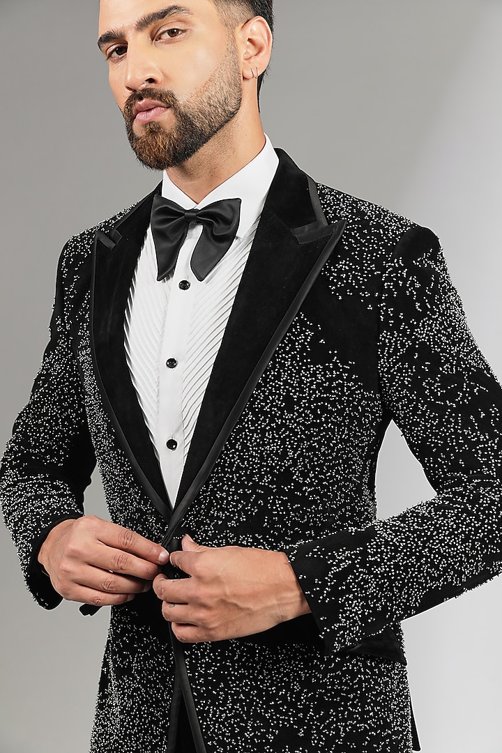 Black Velvet & Sandwash Tuxedo Set by Sarab Khanijou at Pernia's Pop Up Shop