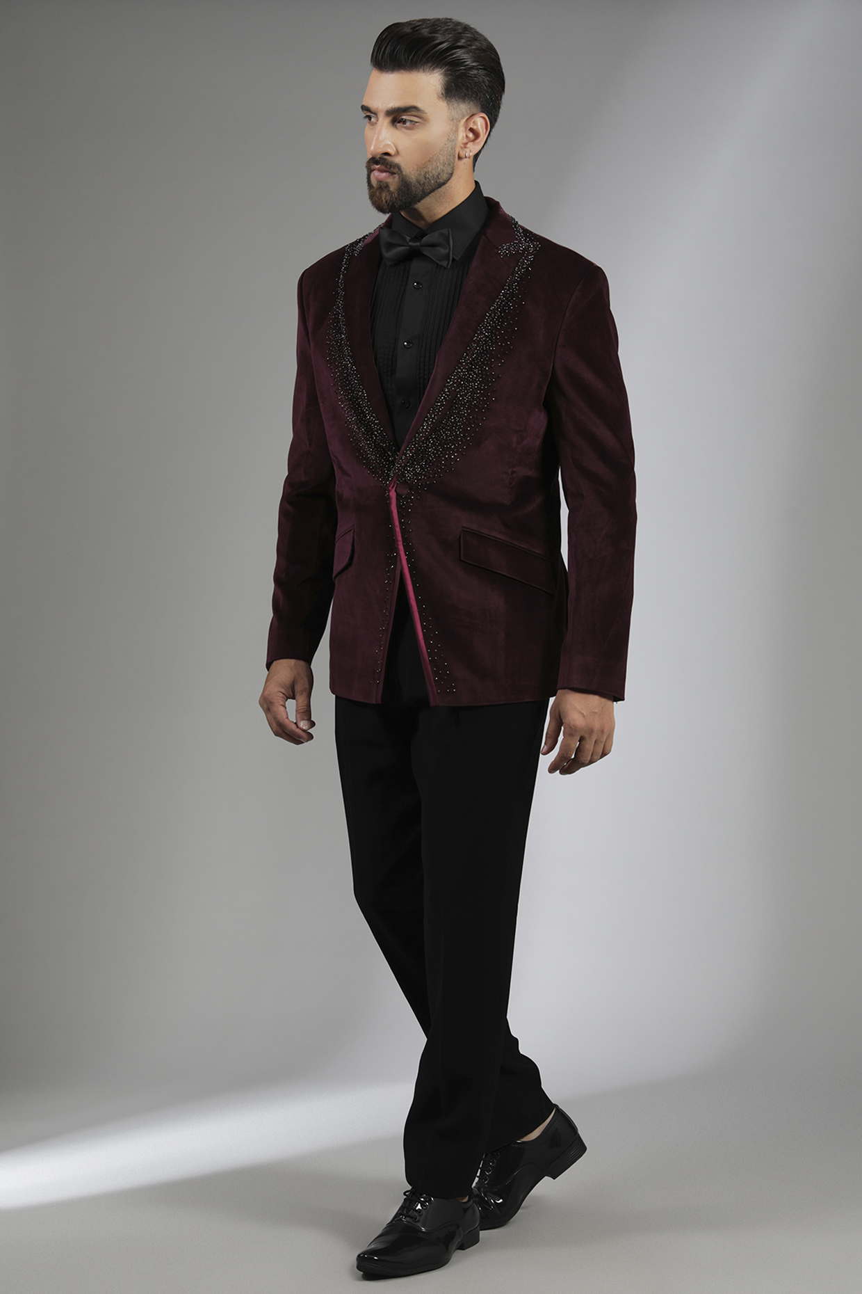 Wine Velvet & Sandwash Tuxedo Set by Sarab Khanijou