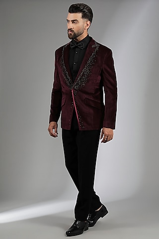 Wine Velvet & Sandwash Tuxedo Set by Sarab Khanijou