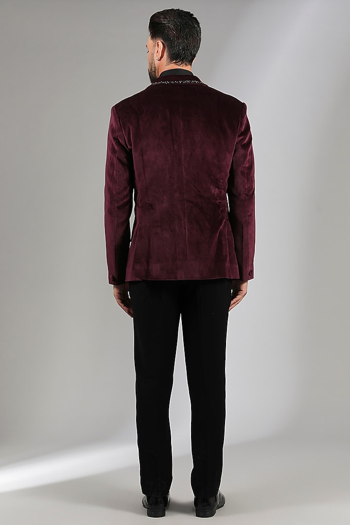 Wine Velvet & Sandwash Tuxedo Set by Sarab Khanijou at Pernia's Pop Up Shop