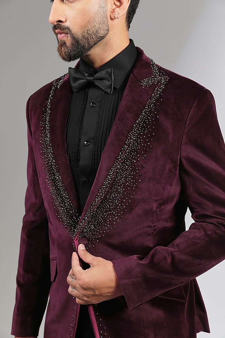 Wine Velvet & Sandwash Tuxedo Set by Sarab Khanijou at Pernia's Pop Up Shop
