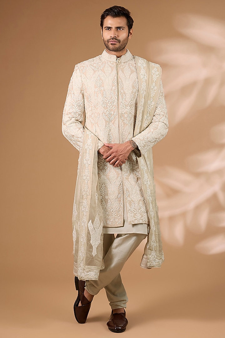 Ivory Silk Sherwani Set by Sarab Khanijou