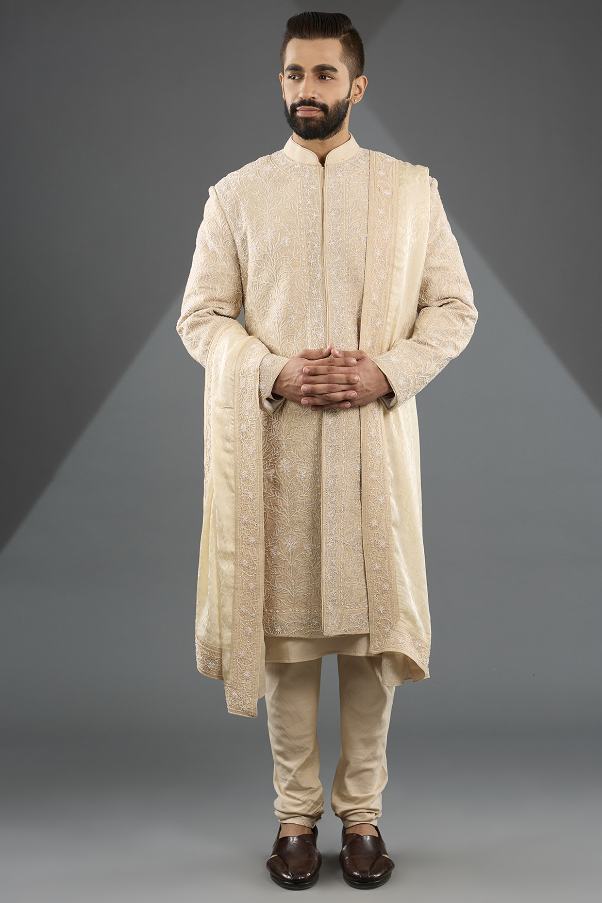 Ivory Silk Sherwani Set by Sarab Khanijou