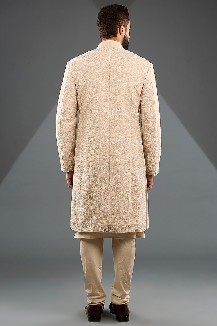 Ivory Silk Groom Sherwani Set by Sarab Khanijou at Pernia's Pop Up Shop