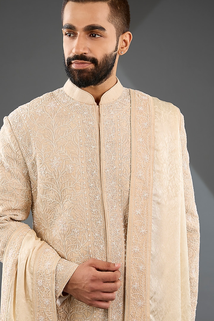 Ivory Silk Groom Sherwani Set by Sarab Khanijou at Pernia's Pop Up Shop