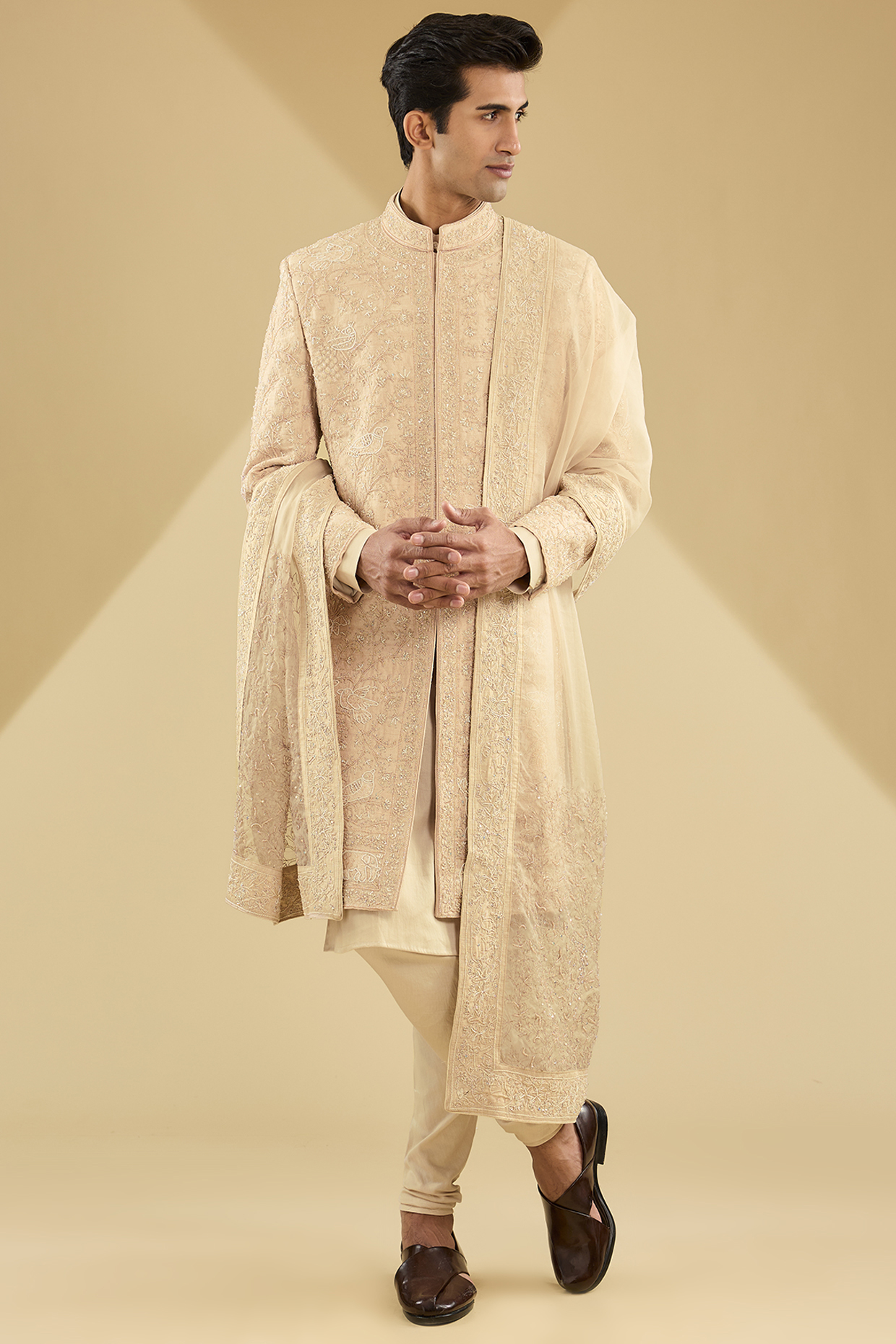 Dusty Silk & Organza Sherwani Set by Sarab Khanijou