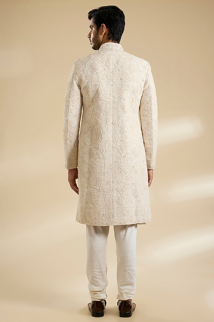 Ivory Raw Silk & Cotton Silk Sherwani Set by Sarab Khanijou at Pernia's Pop Up Shop