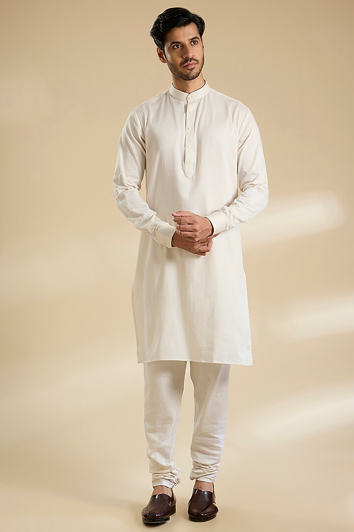 Ivory Raw Silk & Cotton Silk Sherwani Set by Sarab Khanijou at Pernia's Pop Up Shop
