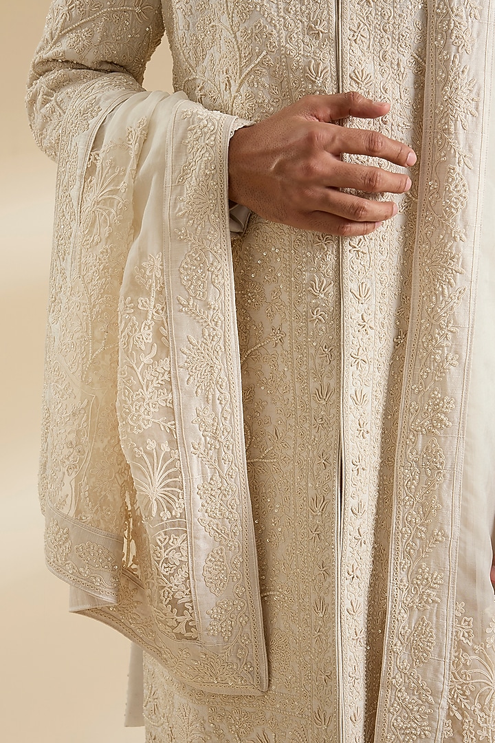 Ivory Raw Silk & Cotton Silk Sherwani Set by Sarab Khanijou at Pernia's Pop Up Shop