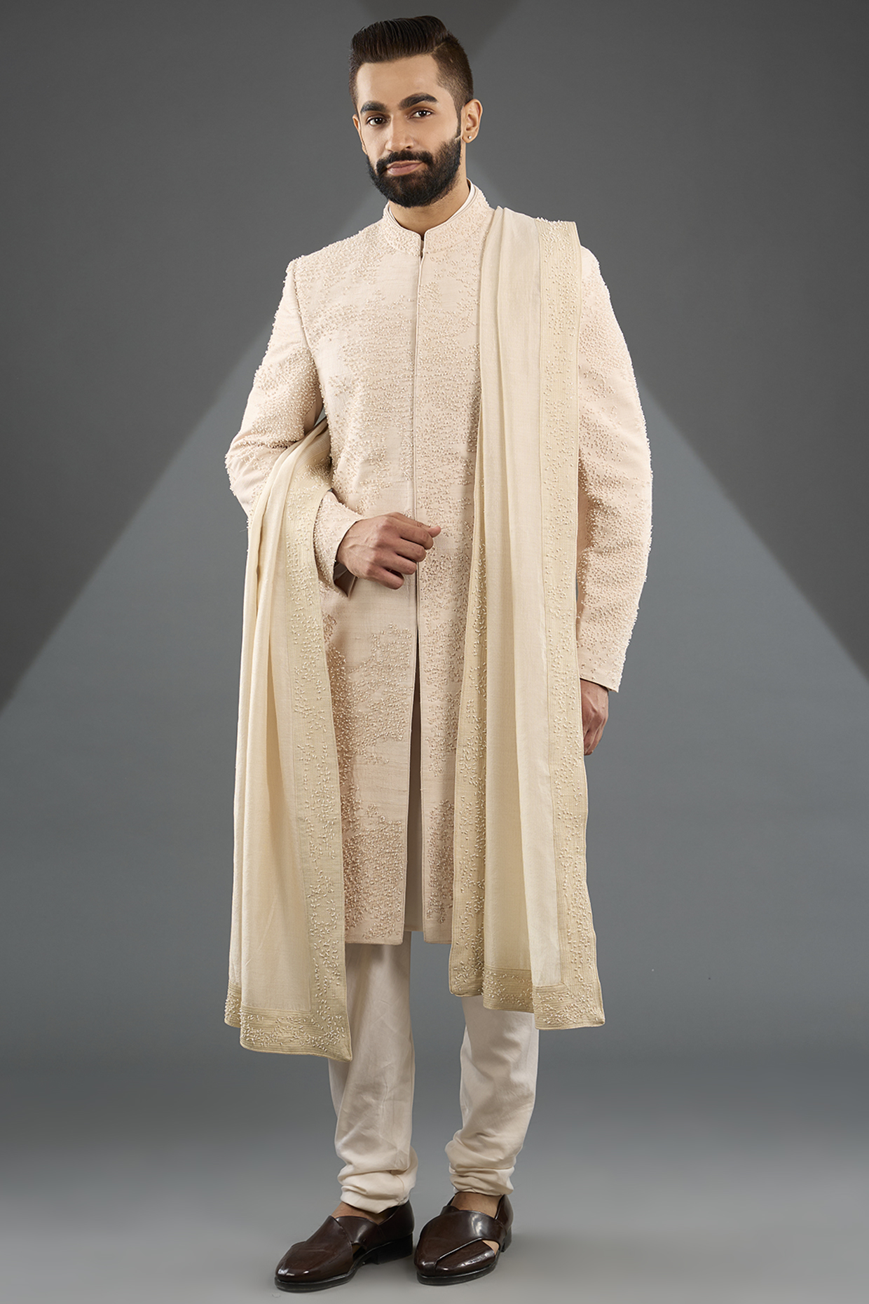 Ivory Silk Sherwani Set by Sarab Khanijou