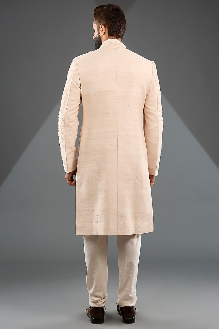 Ivory Silk Groom Sherwani Set by Sarab Khanijou at Pernia's Pop Up Shop