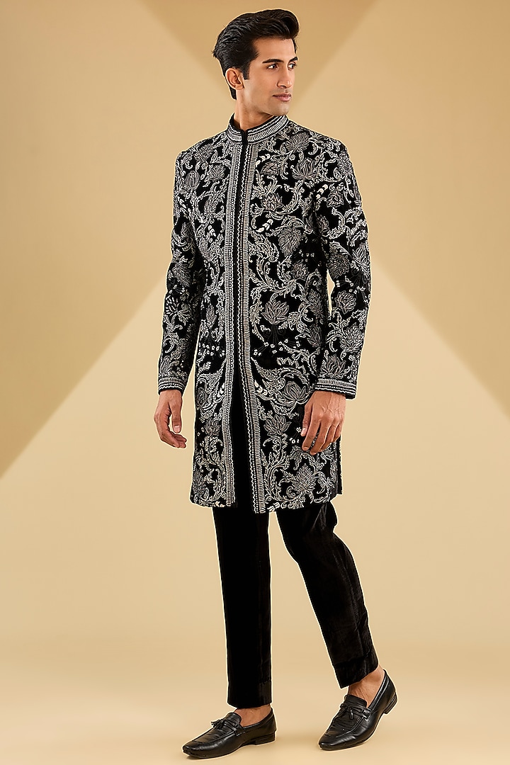 Black Sandwash Indowestern Set by Sarab Khanijou