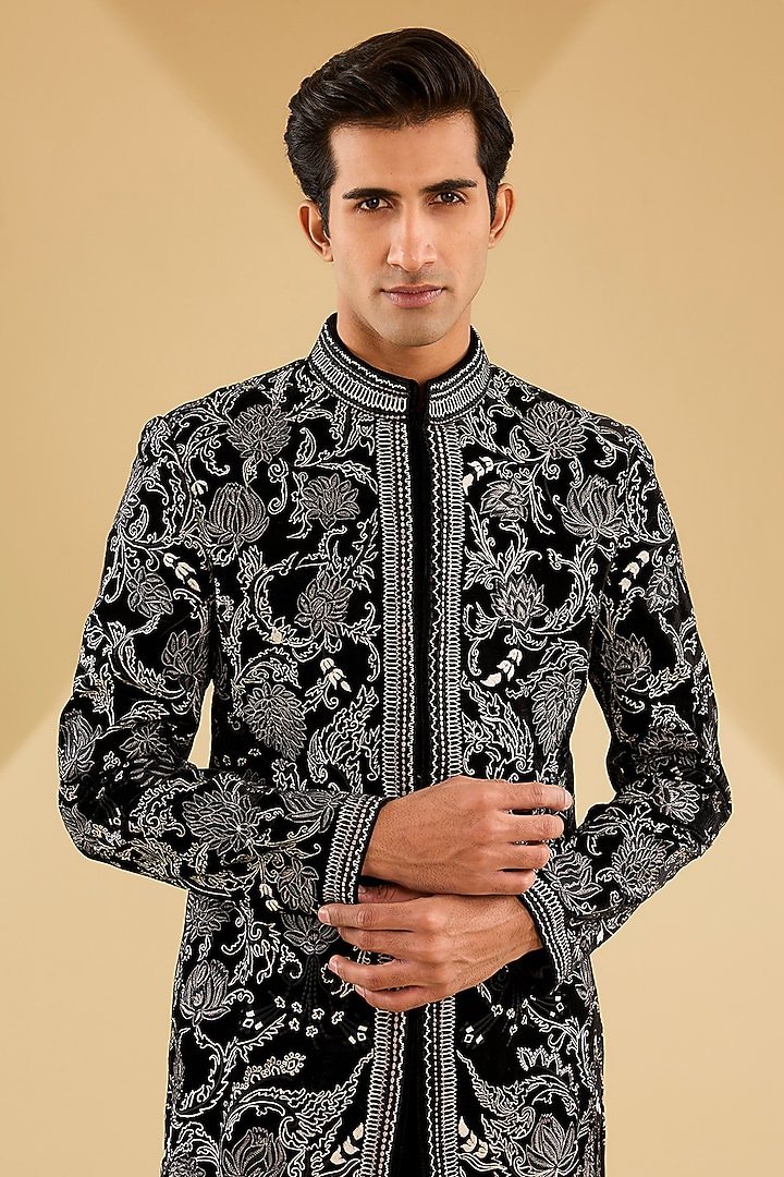 Black Sandwash Groom Indowestern Set by Sarab Khanijou at Pernia's Pop Up Shop