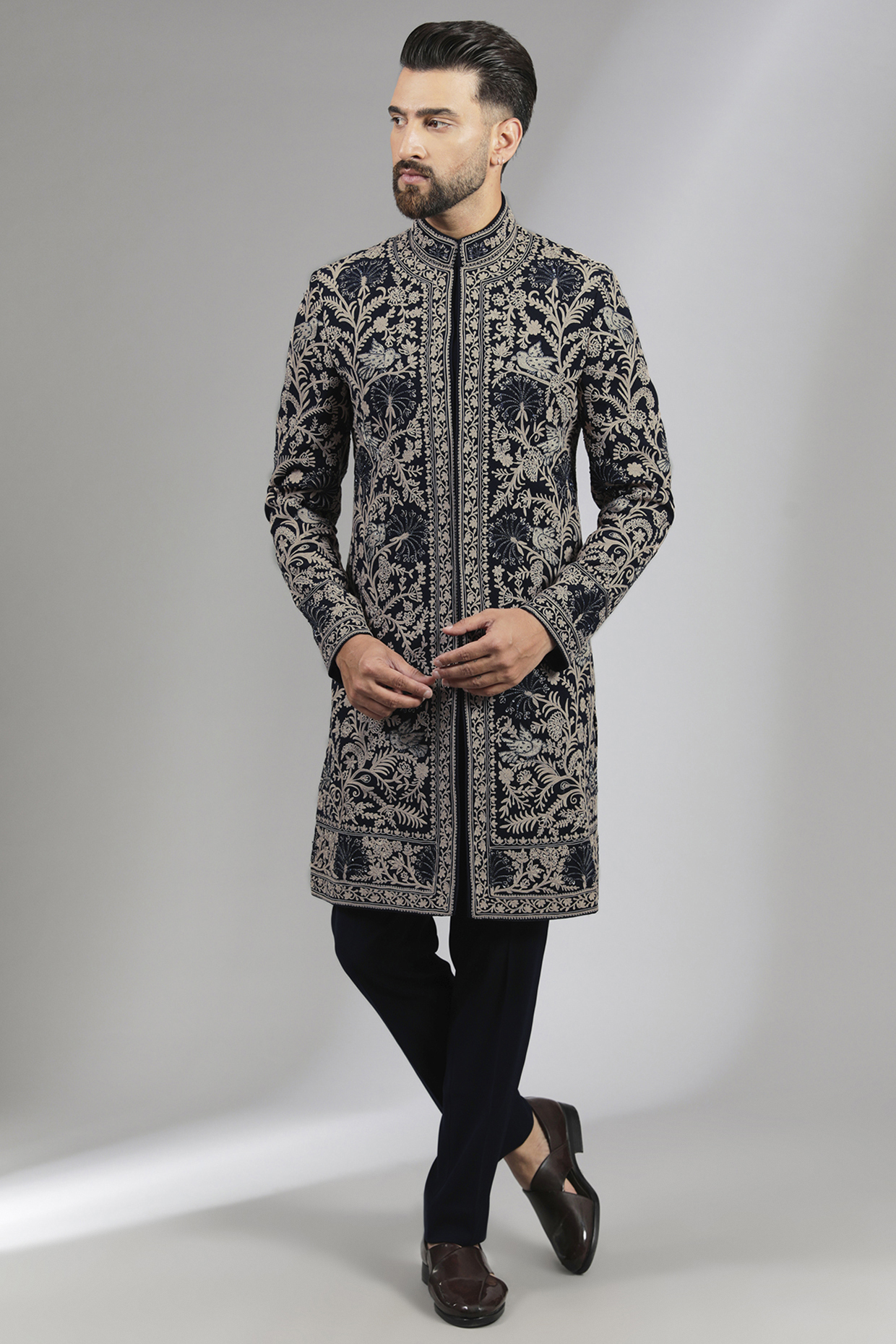 Navy Blue Sandwash Indowestern Set by Sarab Khanijou