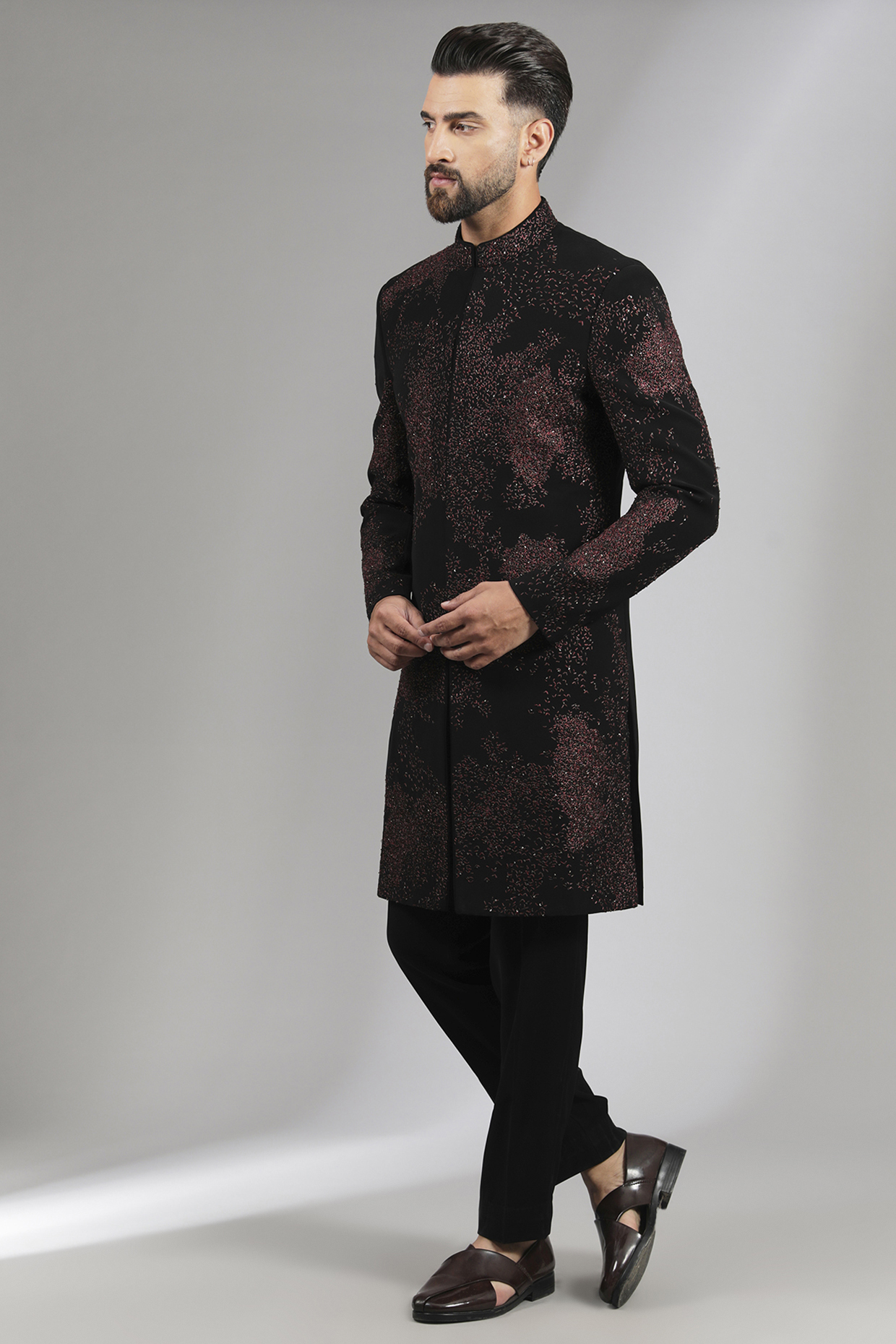 Black Sandwash Indowestern Set by Sarab Khanijou