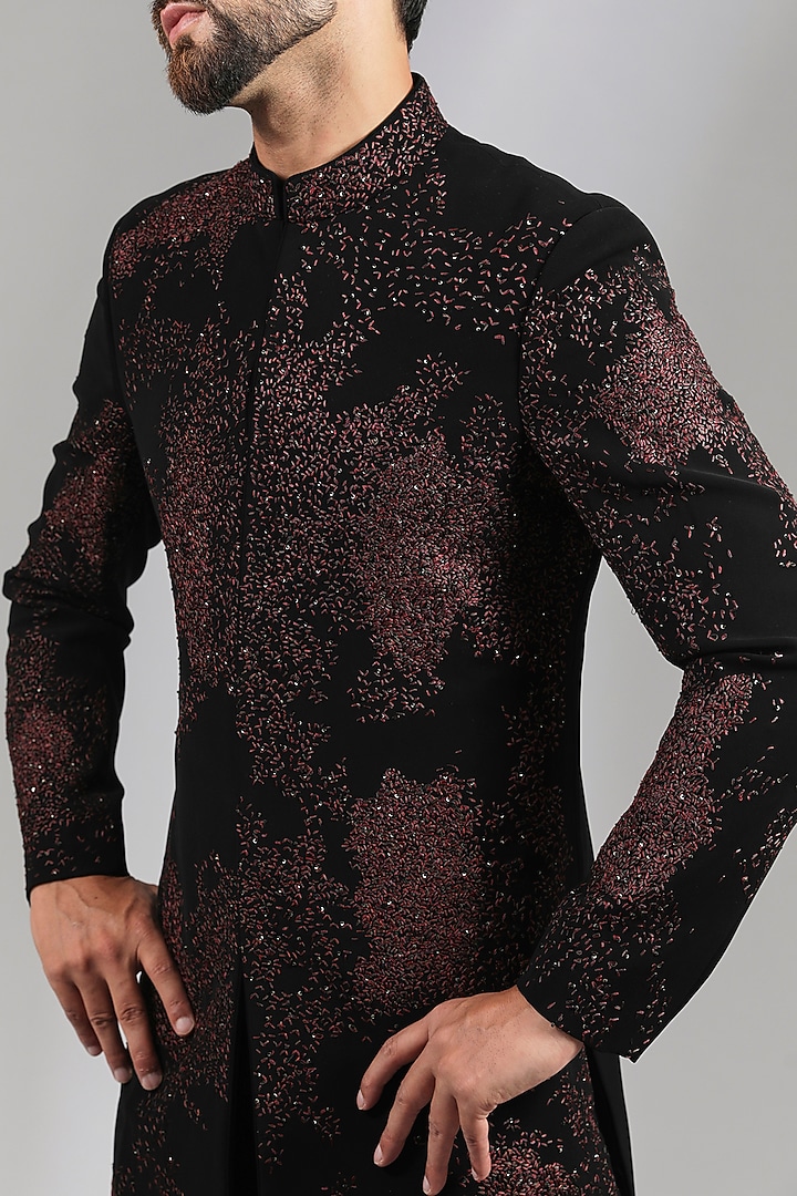 Black Sandwash Groom Indowestern Set by Sarab Khanijou at Pernia's Pop Up Shop