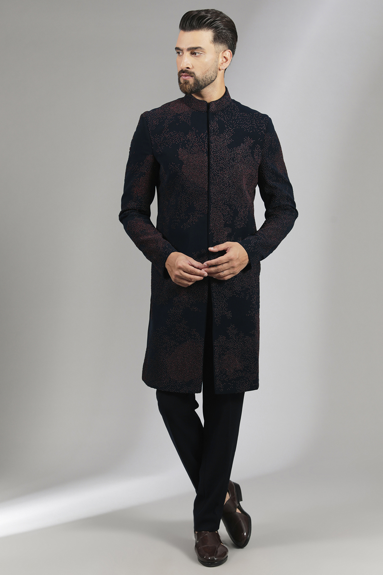 Navy Blue Sandwash Indowestern Set by Sarab Khanijou