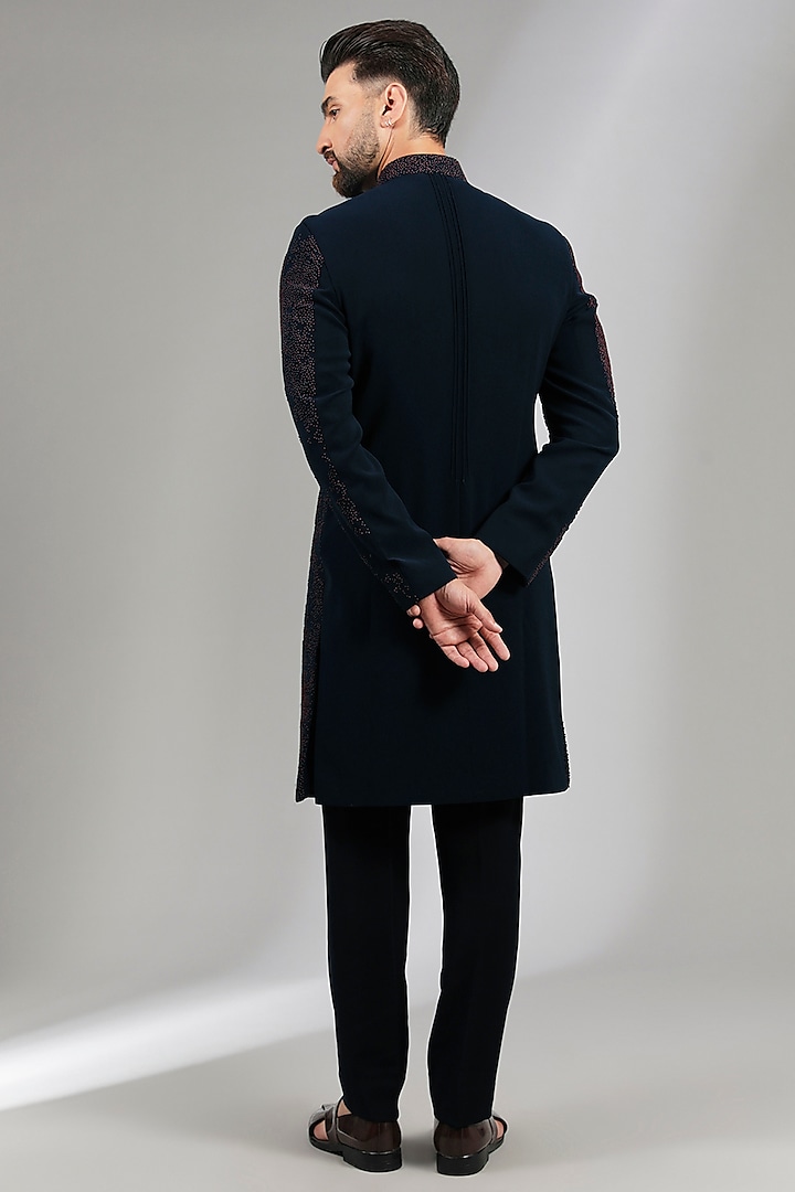 Navy Blue Sandwash Groom Indowestern Set by Sarab Khanijou at Pernia's Pop Up Shop