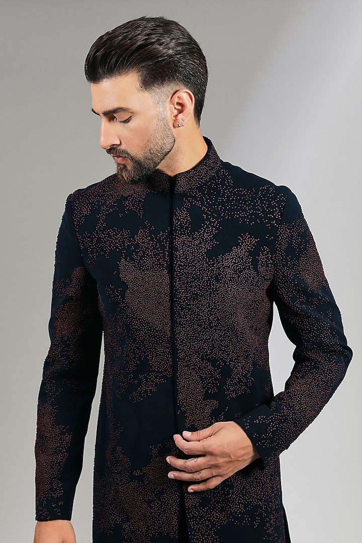 Navy Blue Sandwash Groom Indowestern Set by Sarab Khanijou at Pernia's Pop Up Shop