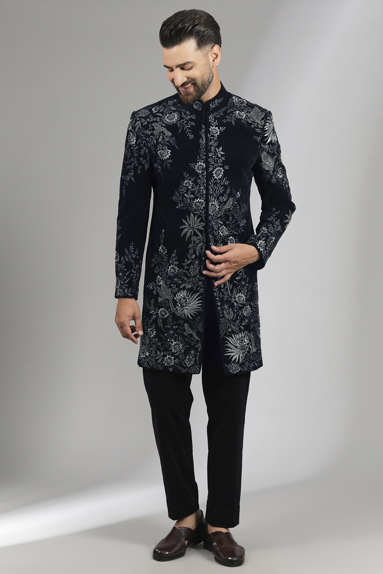 Navy Blue Sandwash Indowestern Set by Sarab Khanijou
