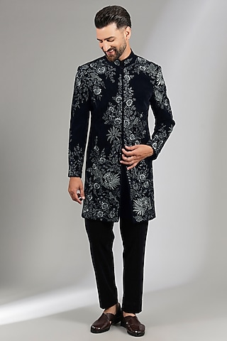 Navy Blue Sandwash Indowestern Set by Sarab Khanijou