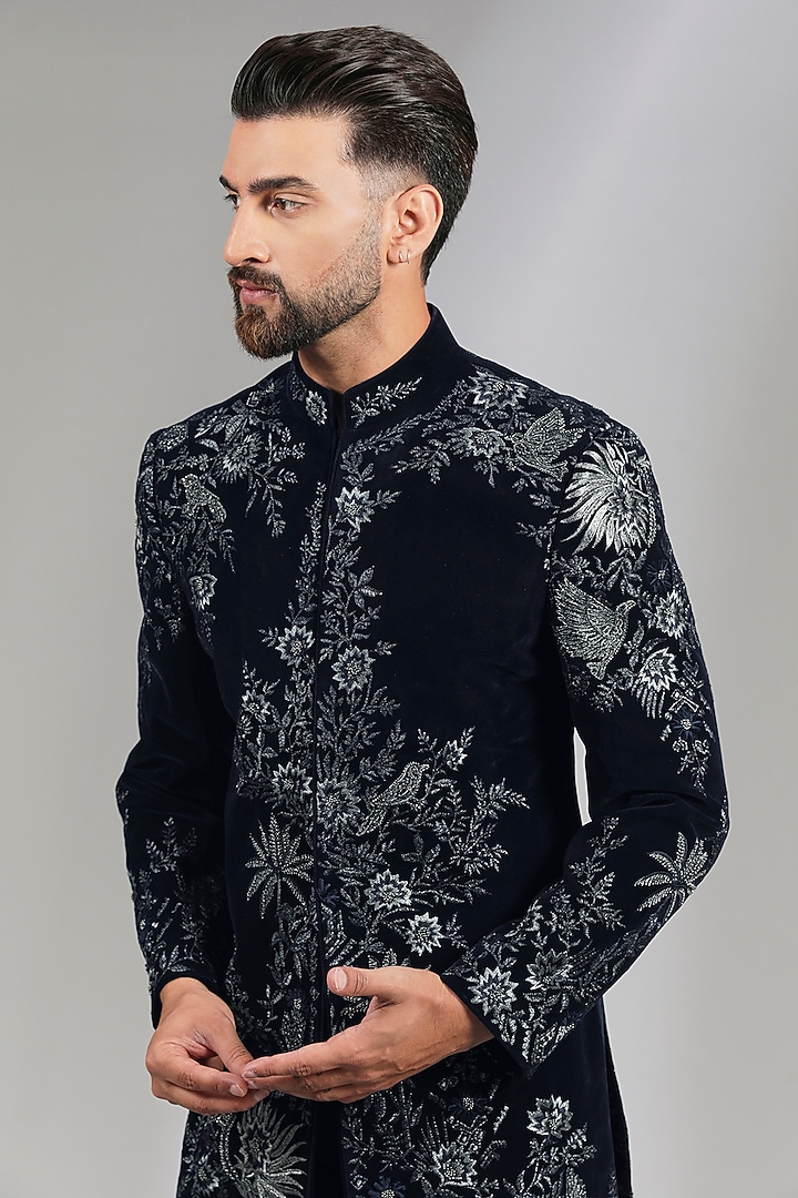 Navy Blue Sandwash Groom Indowestern Set by Sarab Khanijou at Pernia's Pop Up Shop