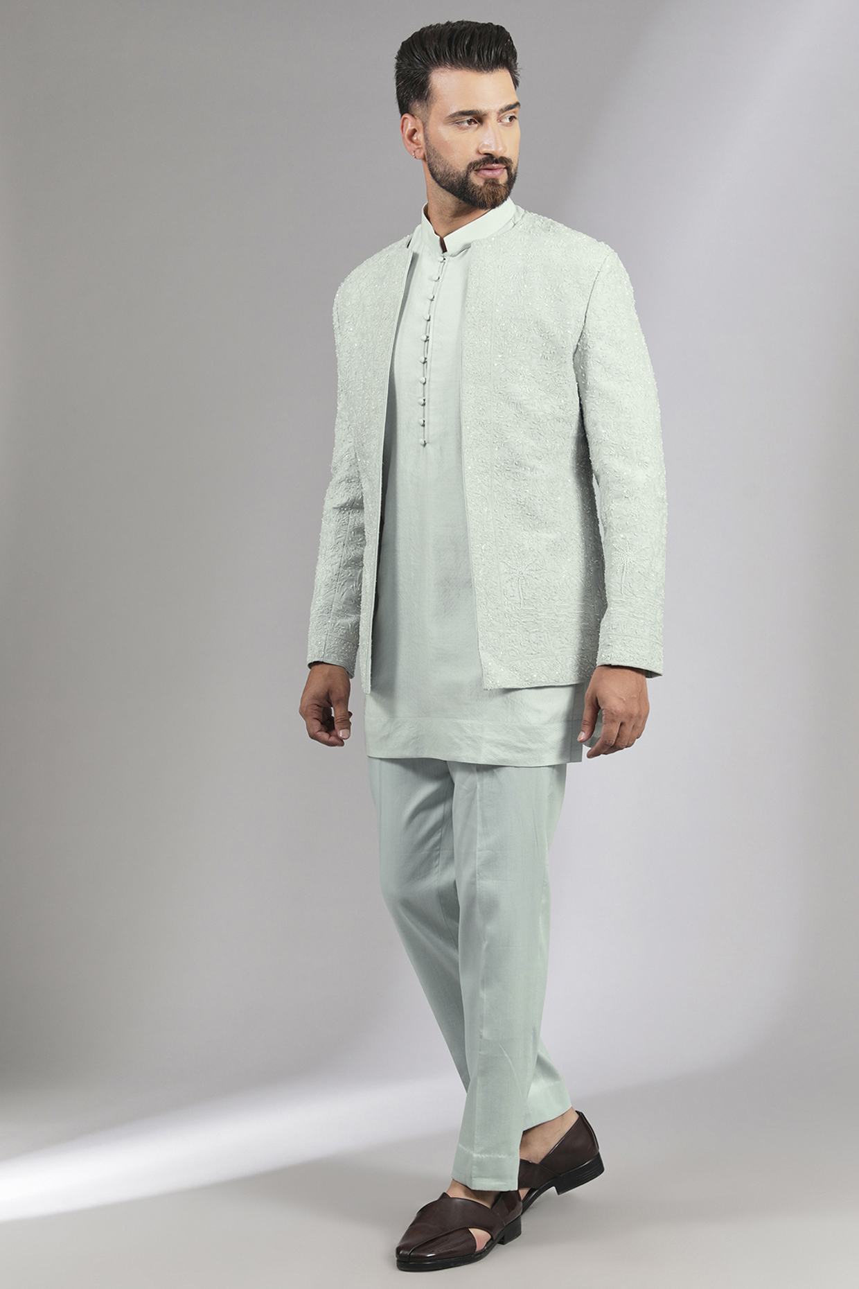 Sky Blue Suiting & Moss Crepe Indowestern Set by Sarab Khanijou