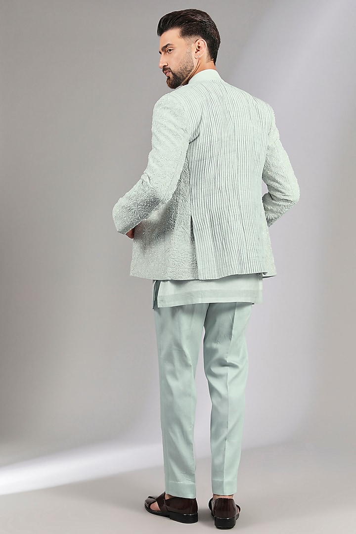 Sky Blue Suiting & Moss Crepe Groom Indowestern Set by Sarab Khanijou at Pernia's Pop Up Shop