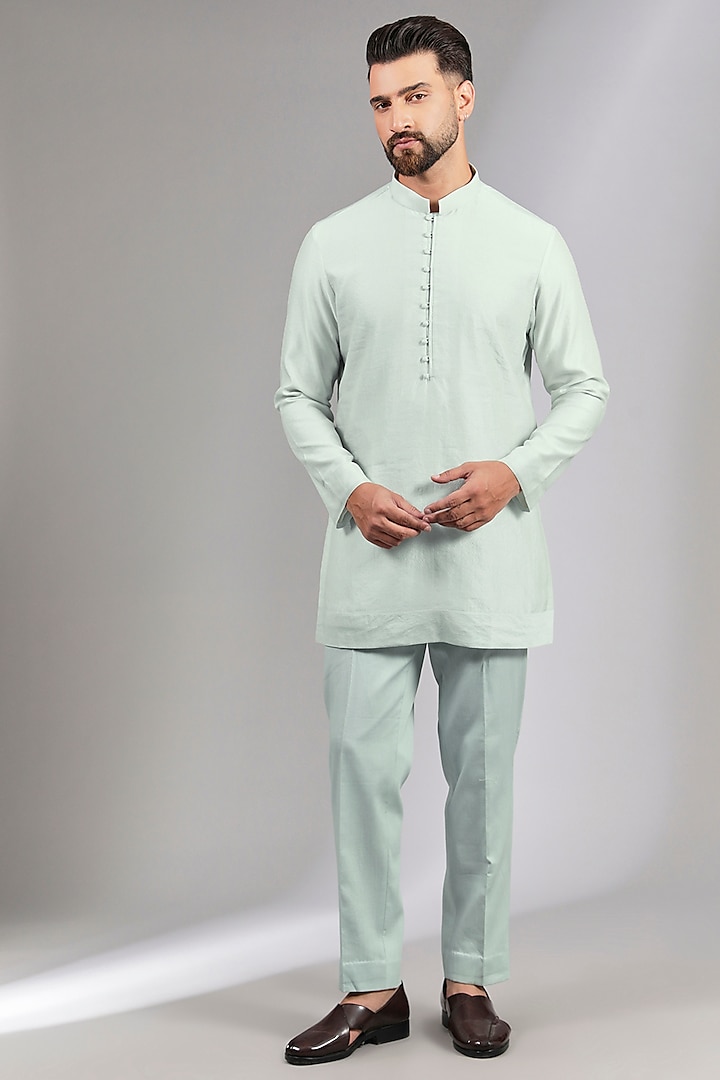 Sky Blue Suiting & Moss Crepe Groom Indowestern Set by Sarab Khanijou at Pernia's Pop Up Shop