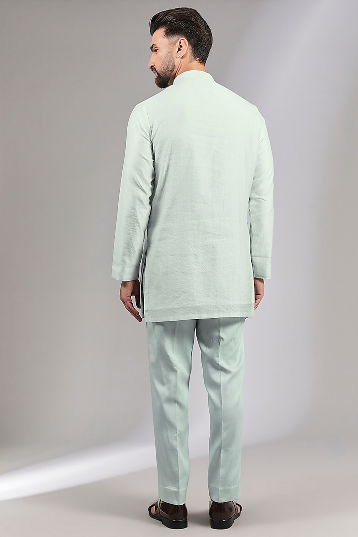 Sky Blue Suiting & Moss Crepe Groom Indowestern Set by Sarab Khanijou at Pernia's Pop Up Shop