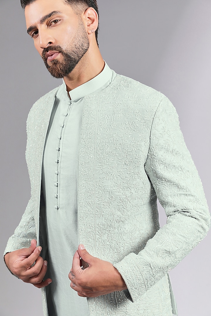 Sky Blue Suiting & Moss Crepe Groom Indowestern Set by Sarab Khanijou at Pernia's Pop Up Shop