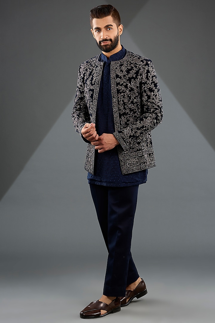 Navy Blue Sandwash Jacket Set by Sarab Khanijou