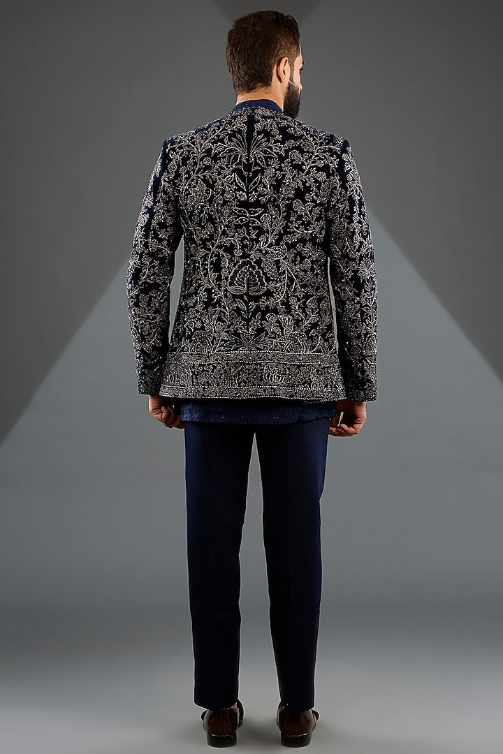 Navy Blue Sandwash Jacket Set by Sarab Khanijou at Pernia's Pop Up Shop